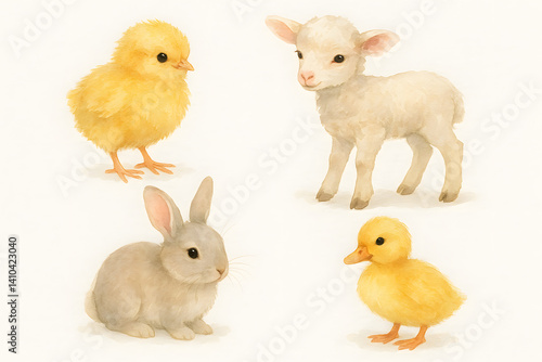 Watercolor Illustration of Farm Animal Babies