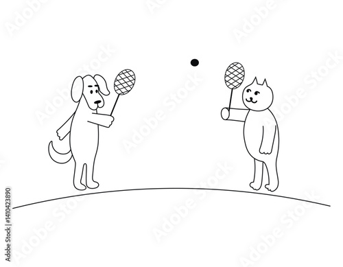 Сat and dog play tennis. Vector black and white image.