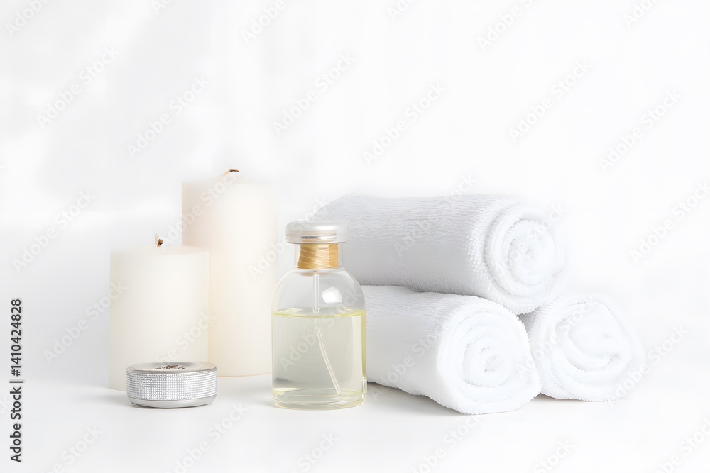 Relaxing Spa Accessories Including White Rolled Towels and Candles Relaxing Spa Accessories Including White Rolled Towels and Candles