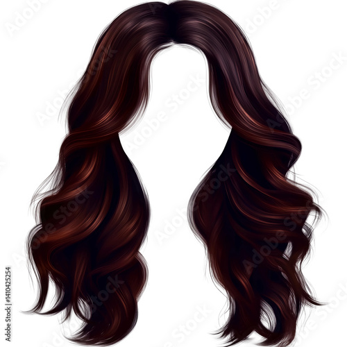 Find the perfect auburn wavy wig long hair style for your next event or everyday fashionable look now isolated on a transparent background.