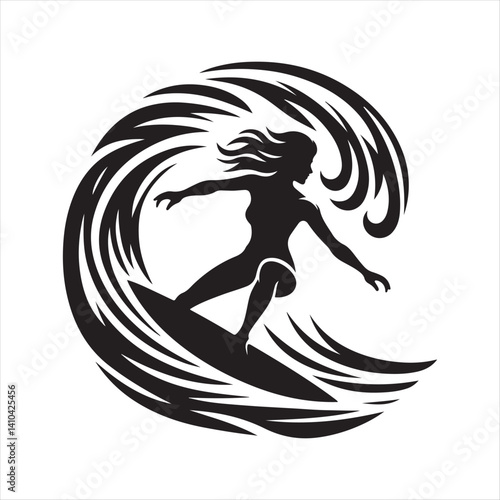 surfer on wave vector silhouette line art illustration