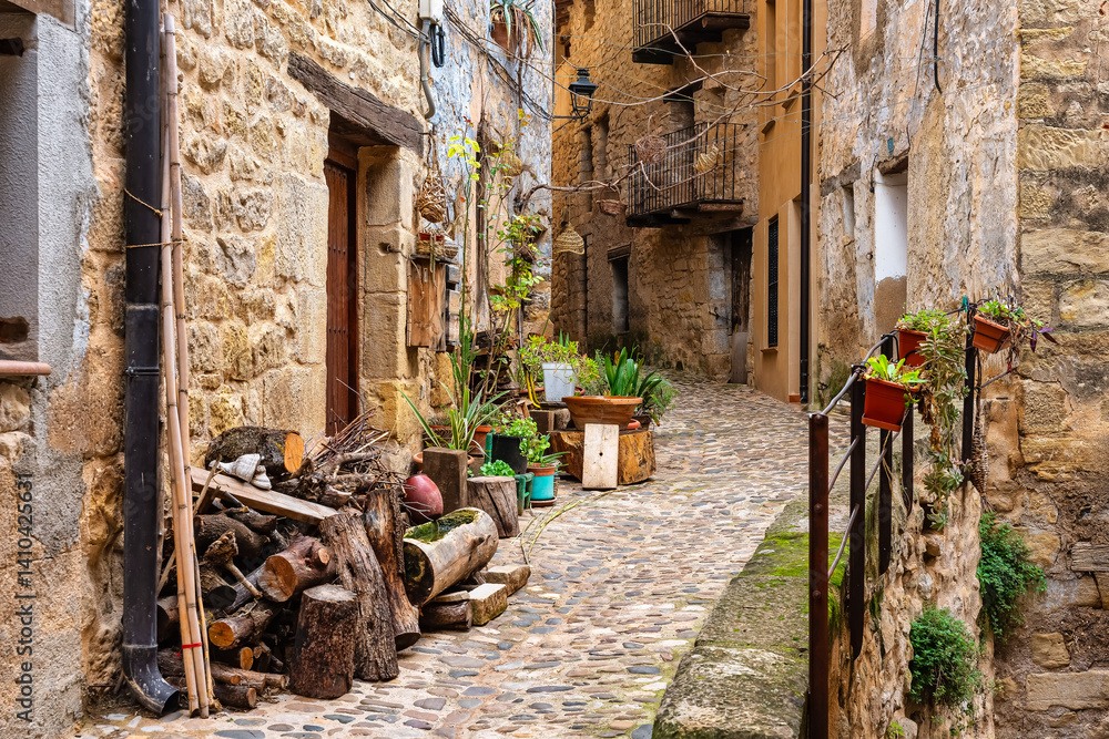 Narrow alleys with quaint stone houses and old utensils in the cobbled streets, Valderrobres, Teruel.