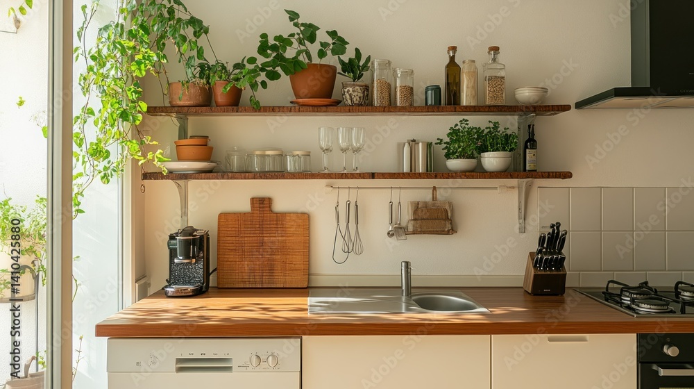 A bright and airy kitchen space with shelves and plants A bright and airy kitchen space with shelves and plants