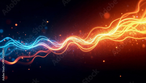 Vibrant orange and blue energy waves flow across a dark background. Ideal for technology, music, and abstract designs.