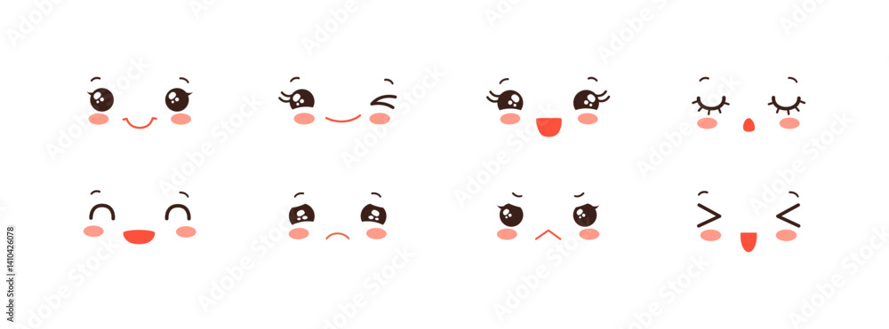 Naklejka premium Kawaii face expressions cute set. Funny chibi emoji faces. Happy smile, cheerful, laughing, angry, winking and sad emoticons. Cartoon anime eyes and mouth simple vector illustration.