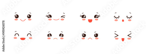 Kawaii face expressions cute set. Funny chibi emoji faces. Happy smile, cheerful, laughing, angry, winking and sad emoticons. Cartoon anime eyes and mouth simple vector illustration.