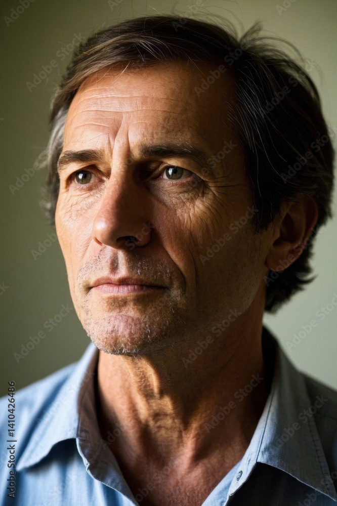 Fototapeta premium arafed man with a blue shirt looking off to the side