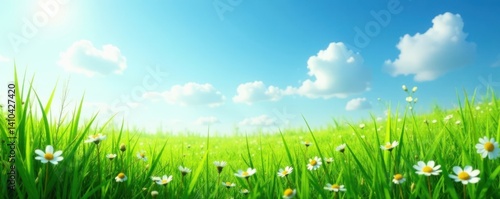 Emerald green grass stretches towards the sky with delicate wildflowers swaying gently in the breeze, meadow, natural