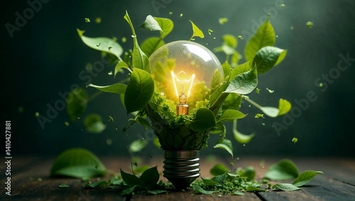 Glowing light bulb surrounded by lush green leaves.  Eco-friendly energy concept.
