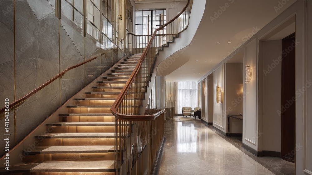 Luxury staircase with under-step lighting and metal handrail Luxury staircase with under-step lighting and metal handrail