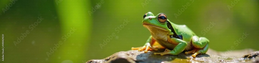 Naklejka premium Green frog with closed eyes basking in sunlight, wildlife, amphibians, leaves