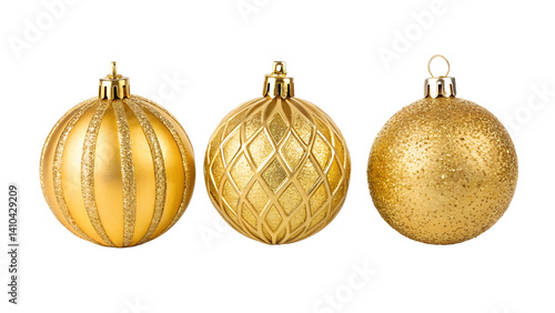 Three elegant gold Christmas ball ornaments.