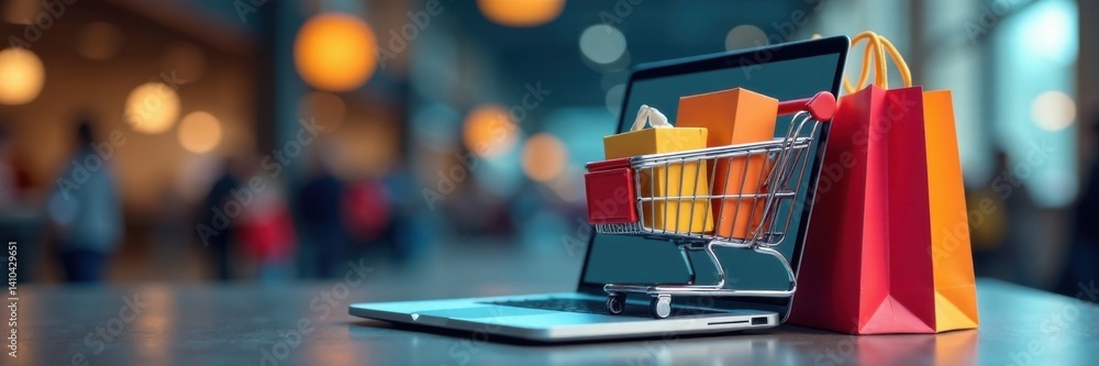 A laptop computer sitting on a shopping bag with multiple product boxes and packages in a virtual online shopping cart, online shopping cart, e-commerce delivery, digital goods