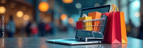 Obraz na płótnie A laptop computer sitting on a shopping bag with multiple product boxes and packages in a virtual online shopping cart, online shopping cart, e-commerce delivery, digital goods w salonie