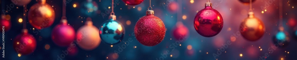 Fototapeta premium Colorful abstract Christmas balls suspended in mid-air amidst twinkling lights, sphere, ornaments, sparkle