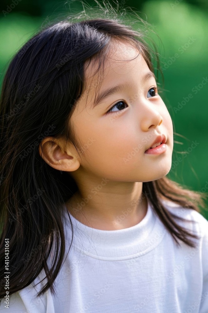there is a young girl with long hair looking up at something there is a young girl with long hair looking up at something