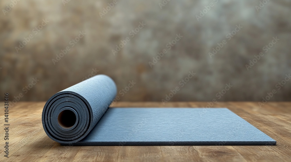 Yoga mat rolled out on wooden floor Yoga mat rolled out on wooden floor