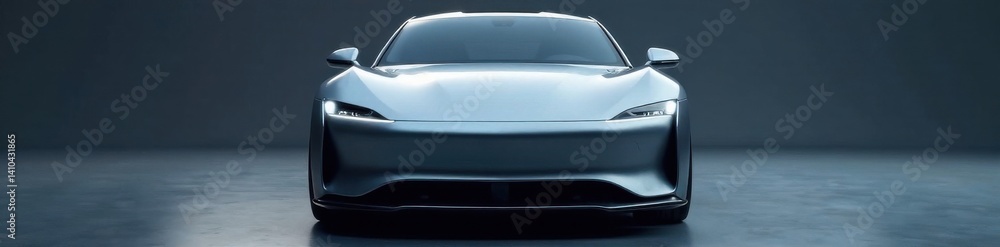 Sleek silver sedan with curved lines and LED headlights front view, futuristic, modern Sleek silver sedan with curved lines and LED headlights front view, futuristic, modern