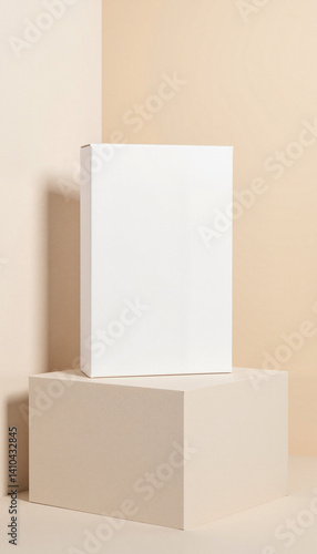Minimalist packaging box mockup on neutral background, modern design