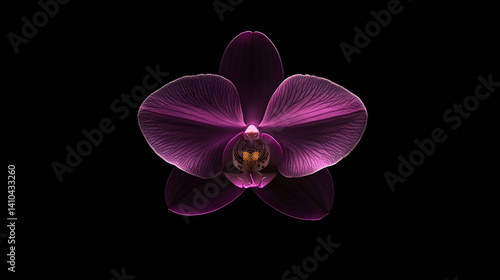 Purple orchid in focus against a black backdrop.
