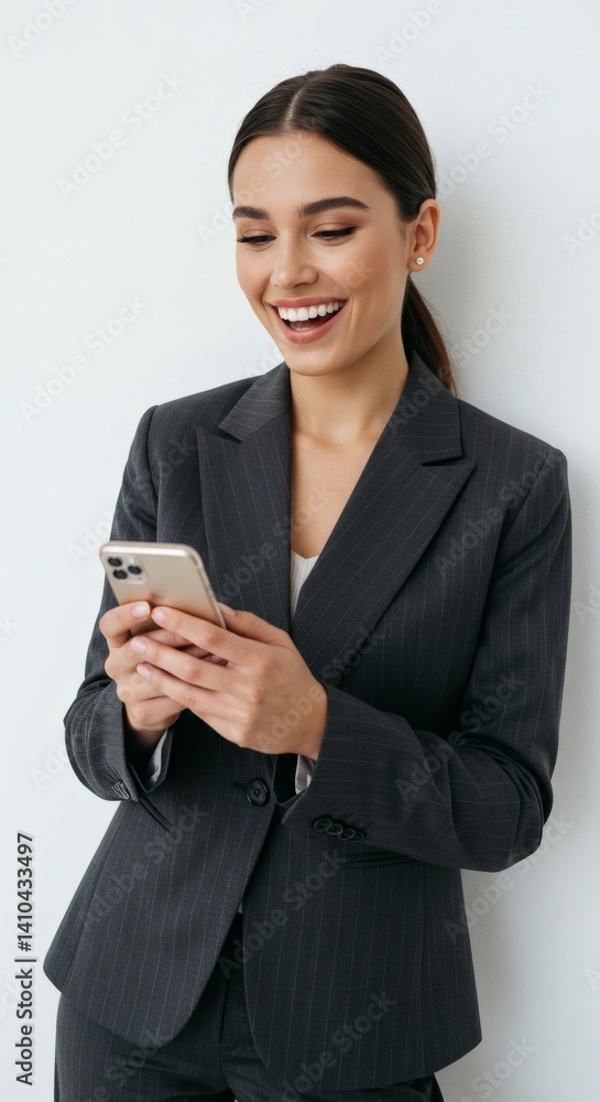 Businesswoman receiving promotion news on her phone, smiling proudly