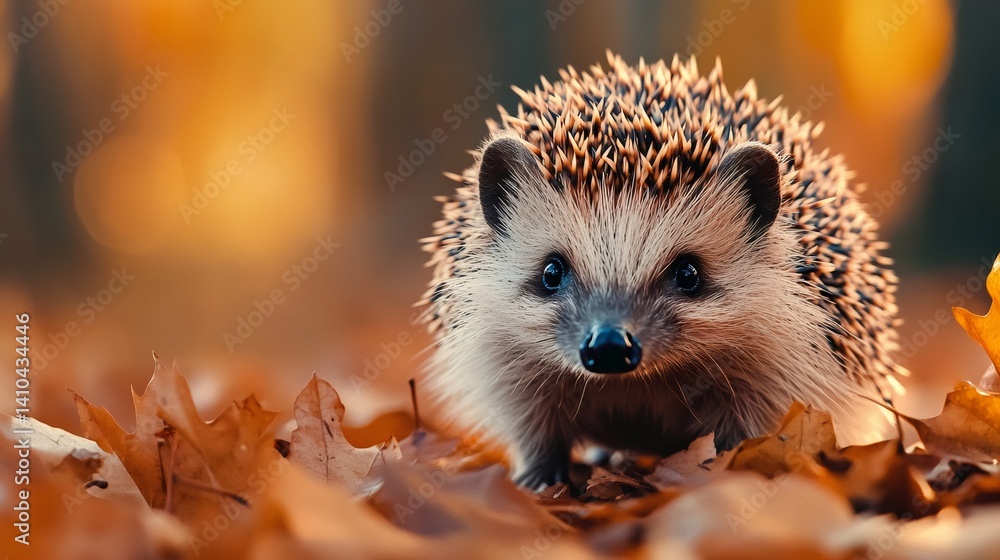 Hedgehog walking on dry autumn leaves in nature