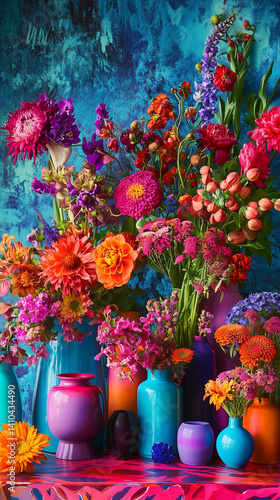 Wallpaper Mural Maximalist Floral Display with Multicolor Vases and Textured Backdrop Torontodigital.ca