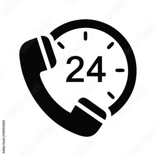 24 Hour Support Phone Symbol with Black Handset and Clock Icon 