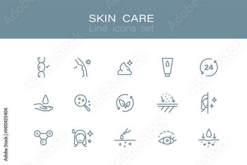 Skin care line icons set. Moisture cream, anti wrinkle serum, ceramide, collagen, retinol compound, sunscreen. Outline signs for skincare products property. Editable Stroke