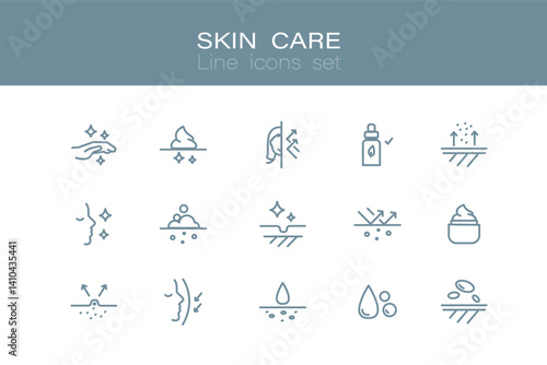 Skin care line icons set. Moisture cream, anti wrinkle serum, ceramide, collagen, retinol compound, sunscreen. Outline signs for skincare products property. Editable Stroke
