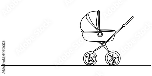 Continuous Line Drawing of Stroller Icon. Hand Drawn Symbol Vector Illustration, Baby Carriage, One continuous single drawing line art flat doodle carriage, stroller, wheel, baby, buggy, childhood. 