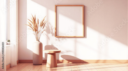 Minimalist Scandinavian Interior with Wooden Frame and Natural Decor. 