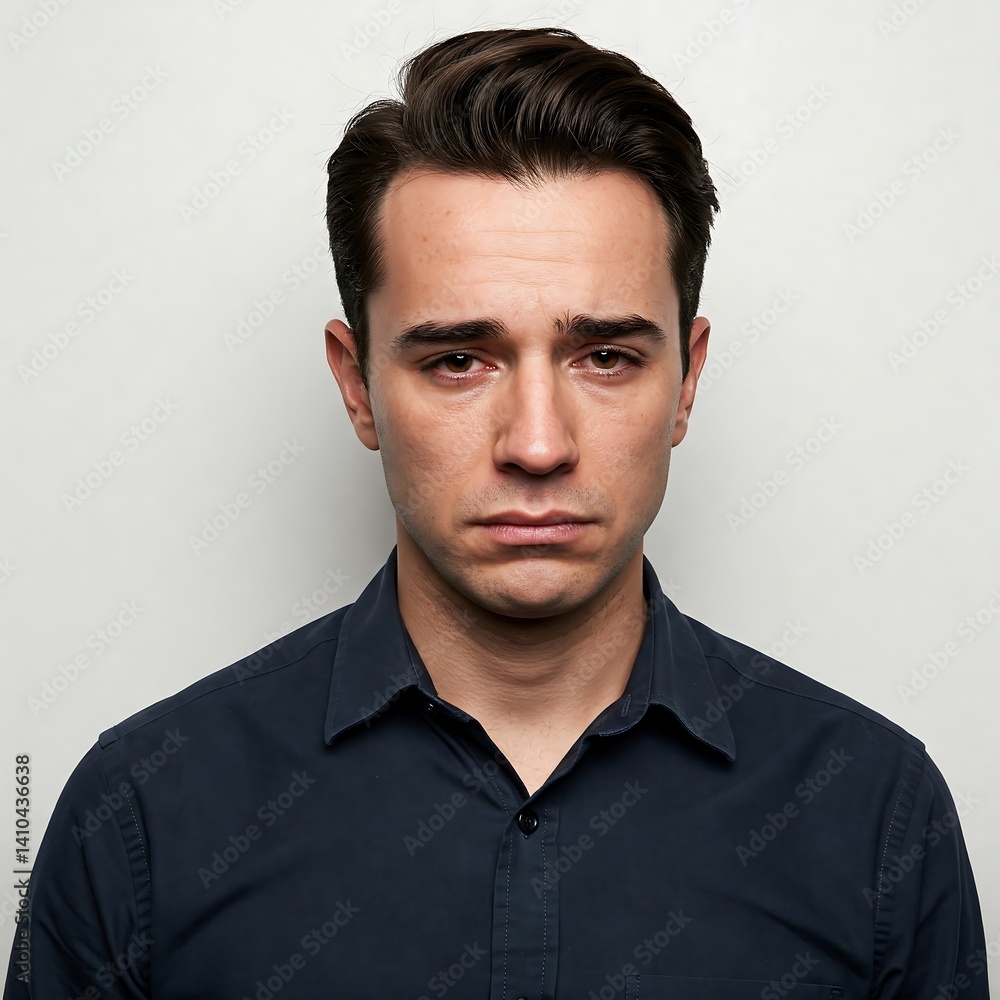 Obraz premium Sad Young Man in Blue Shirt with Tearful Expression