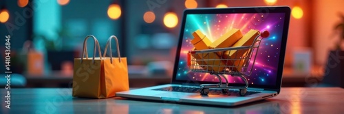 Wallpaper Mural Laptop computer sitting in shopping cart with product boxes and bags , retail, sale, delivery Torontodigital.ca