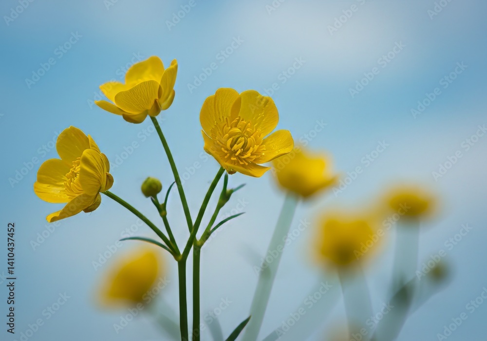 Yellow buttercups in focus against a soft blue sky backdrop. Yellow buttercups in focus against a soft blue sky backdrop.