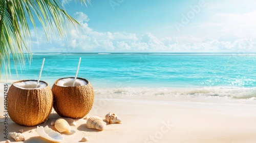 Wallpaper Mural Two coconut drinks with white straws resting on tropical beach Torontodigital.ca