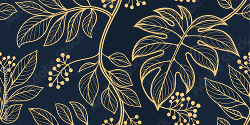 Luxurious botanical pattern, gold leaves on navy background, elegant tropical foliage, art deco style, metallic accents, intricate leaf veins, berries or fruit clusters, seamless repeat design