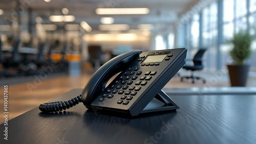 Modern office phone on desk with blurred modern office background
