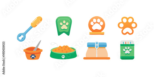 Colorful Pet Supplies Icons Food Bowls, Toys, and More