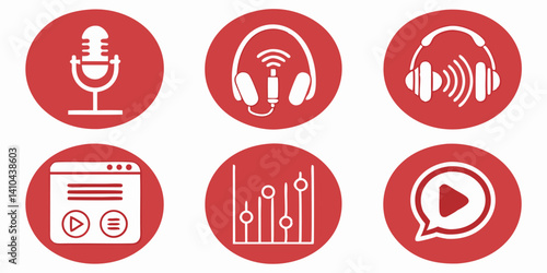 Podcast and Audio Production Icons Microphone, Headphones, Mixer, and Player
