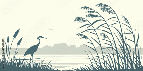 Serene Heron Silhouette in Tranquil Wetland Landscape A Peaceful Nature Illustration