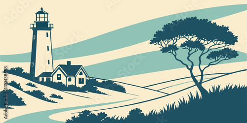 Coastal Lighthouse Landscape Serene Seascape Illustration