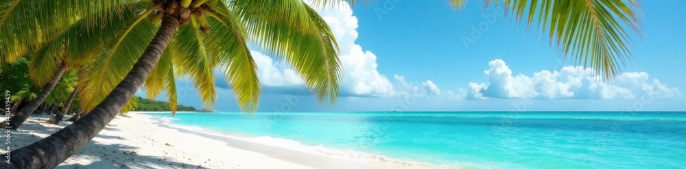 Fototapeta premium Palm trees sway gently on sandy beach with turquoise ocean water, palm trees, flora, vintage