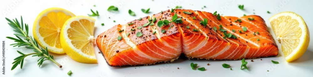 Simplistic illustration of a salmon fillet flat lay with lemon wedges and herbs , kitchen essentials, seafood Simplistic illustration of a salmon fillet flat lay with lemon wedges and herbs , kitchen essentials, seafood