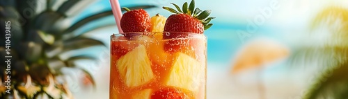 Refreshing Summer Cocktail with Strawberries and Pineapple on Beach