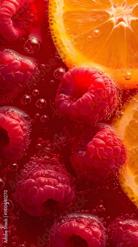Fresh Berries and Citrus Slices in Sparkling Beverage Close-Up