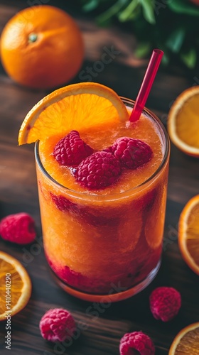 Refreshing Orange Raspberry Smoothie with Garnish and Straw