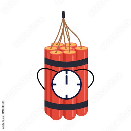 Cartoon Time Bomb with Dynamite Sticks and Timer. This vector illustration depicts a cartoon style time bomb composed of multiple red dynamite sticks tightly bundled together with two black straps.
