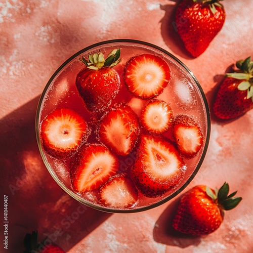 Fresh Strawberry Drink in Clear Glass with Whole and Sliced Berries