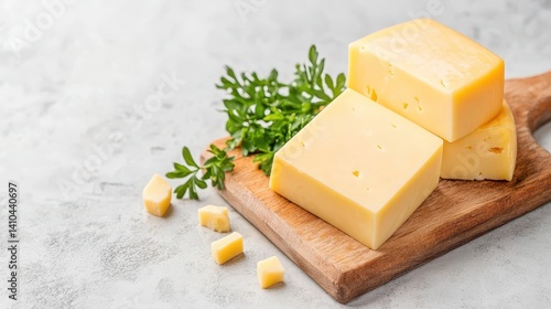 Delicious yellow cheese blocks on a wooden board with herbs.